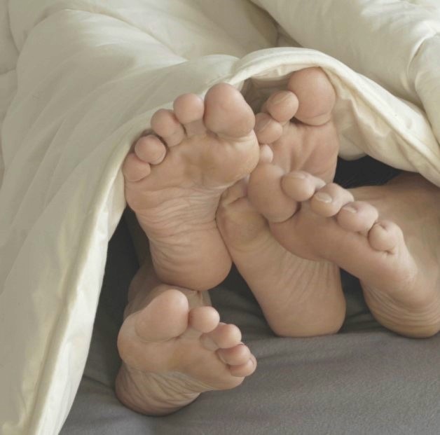 Vier Füße schauen unter einer Lyocell Bettdecke vor